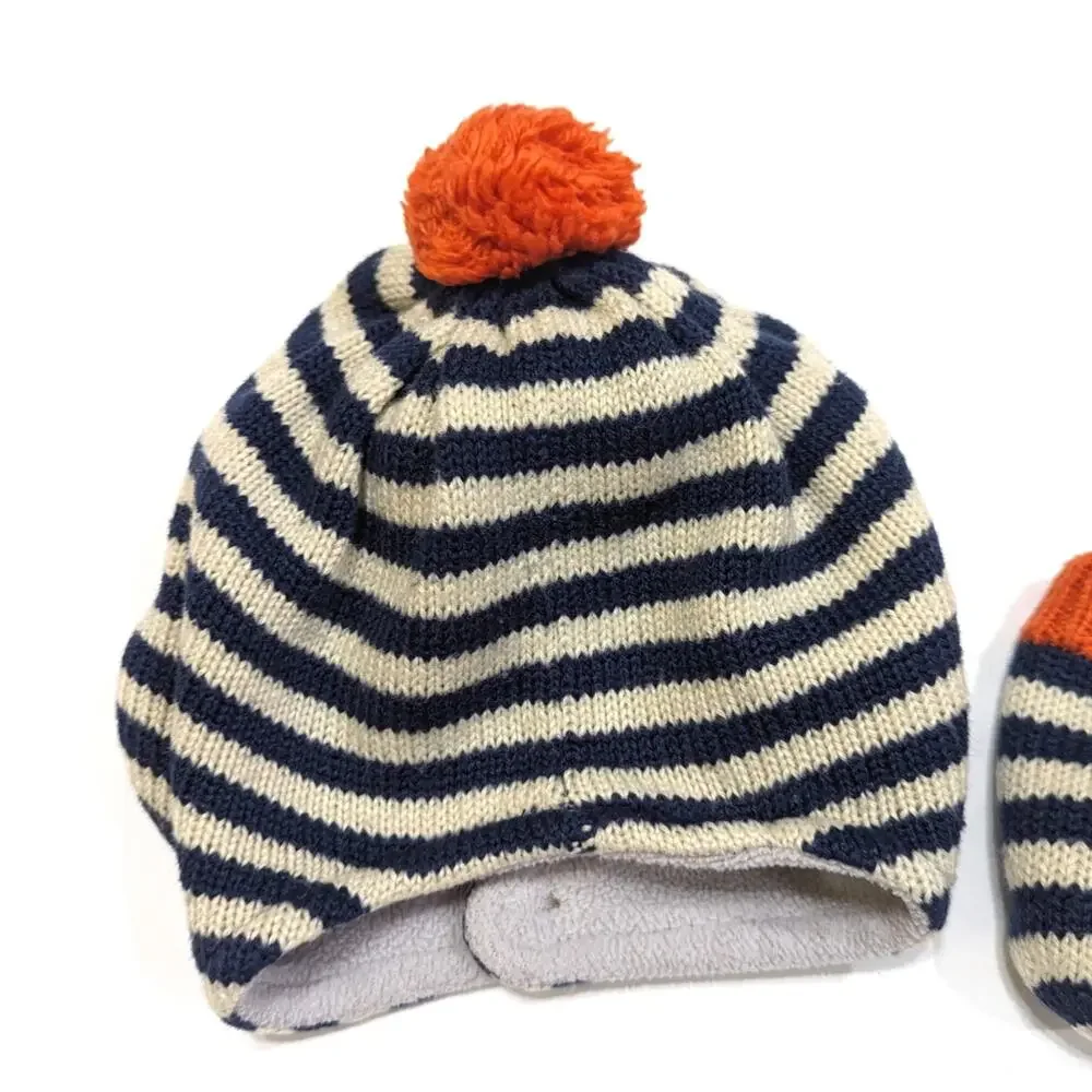 Baby Boden Winter Hat Mittens Set Boys Size 0-6m Blue Car Pom Pom